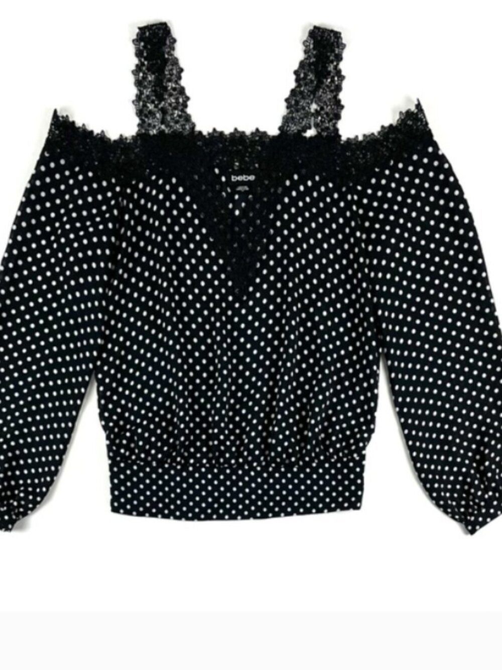 Bebe Polka Dot Print Lace Cold Shoulder Top Size XL - Picture 2 of 11